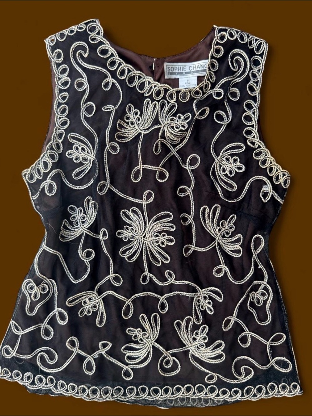 Vintage 90s Black Sleeveless Embroidered Mesh Blouse